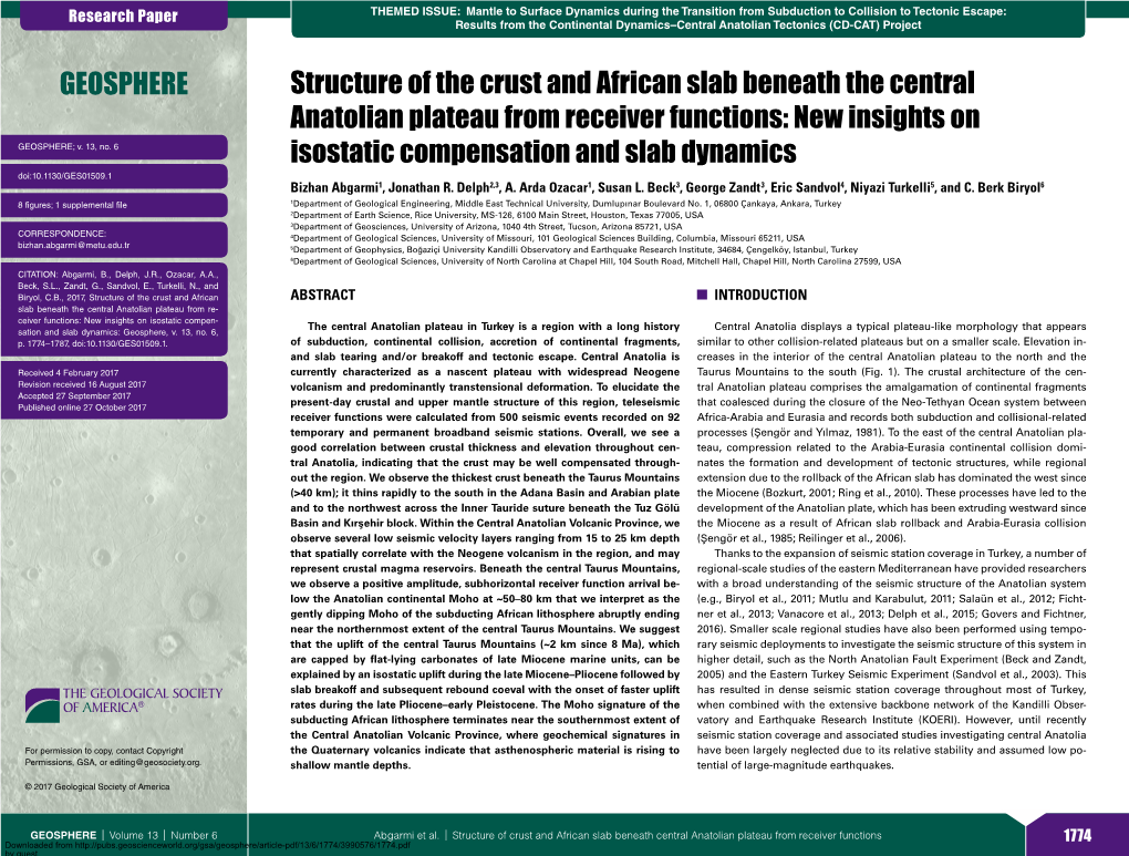 Structure of the Crust and African Slab Beneath the Central Anatolian Plateau from Receiver Functions: New Insights on GEOSPHERE; V