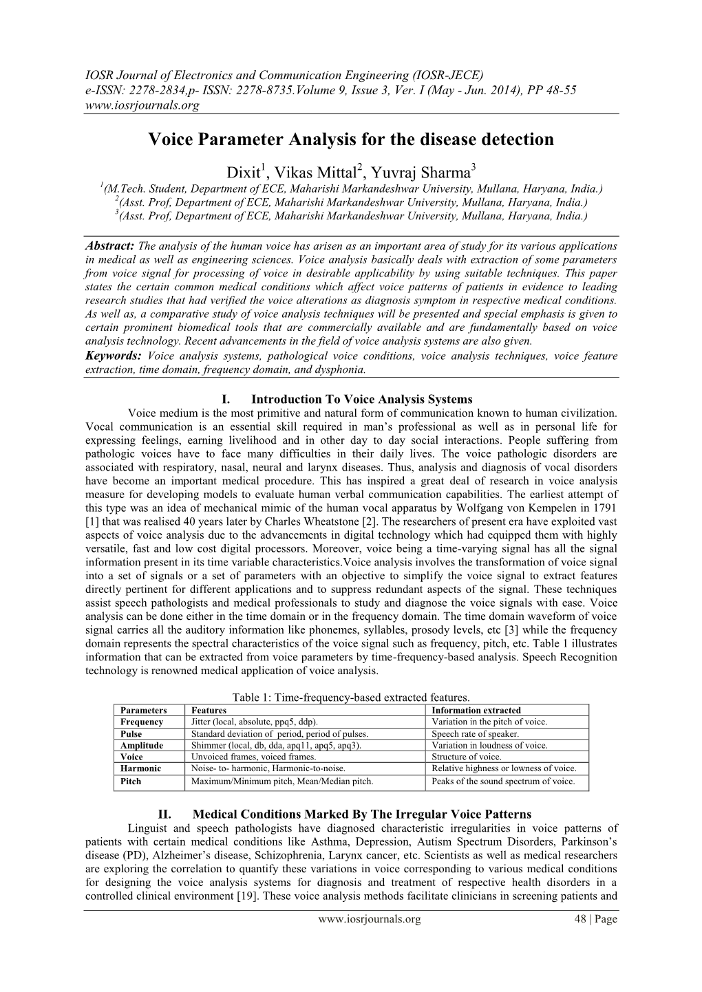 Voice Parameter Analysis for the Disease Detection