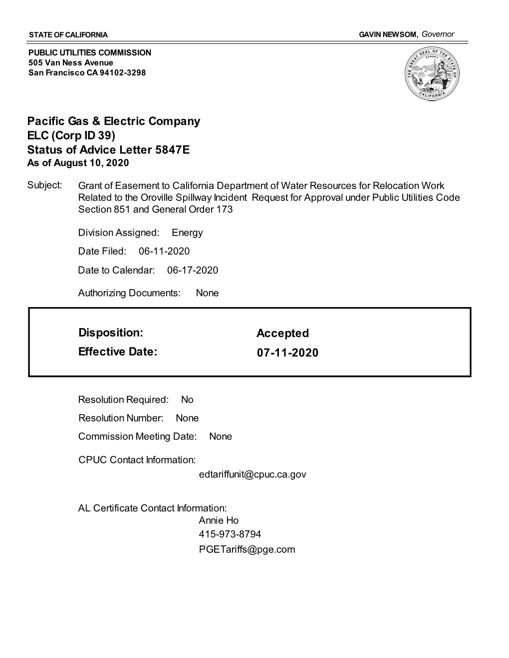 Pacific Gas & Electric Company ELC (Corp ID 39) Status of Advice Letter 5847E Disposition: Effective Date: Accepted 07-11-20