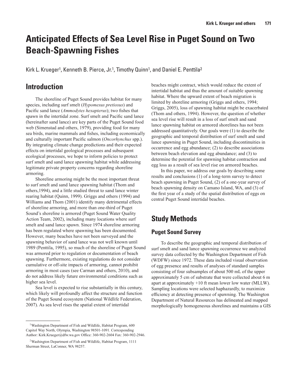 Anticipated Effects of Sea Level Rise in Puget Sound on Two Beach-Spawning Fishes