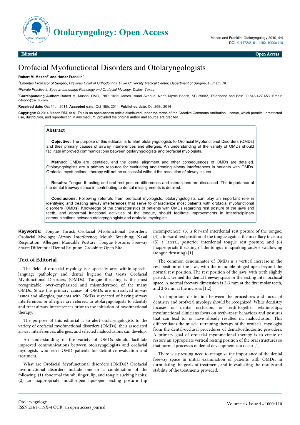 Orofacial Myofunctional Disorders and Otolaryngologists Robert M
