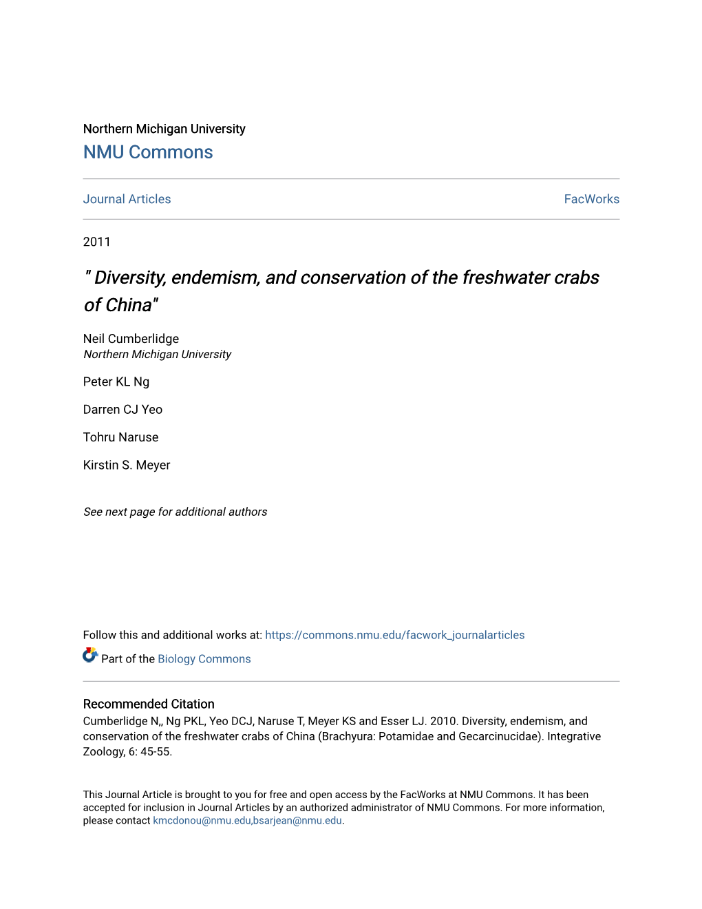 Diversity, Endemism, and Conservation of the Freshwater Crabs of China