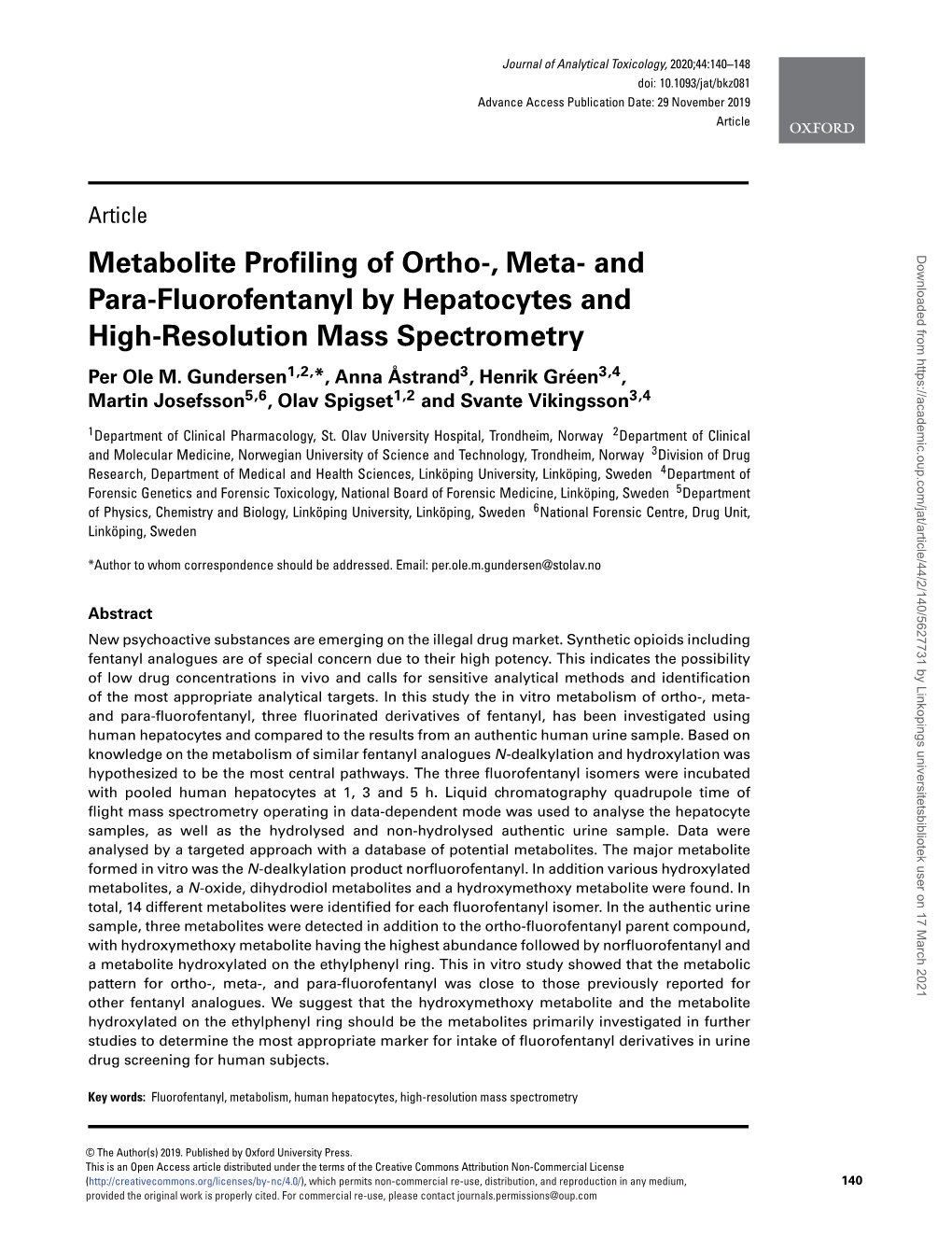 Metabolite Profiling of Ortho-, Meta- and Para-Fluorofentanyl By