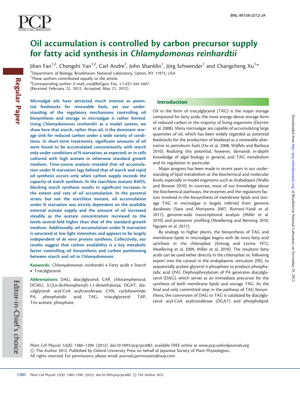 Oil Accumulation Is Controlled by Carbon Precursor Supply for Fatty