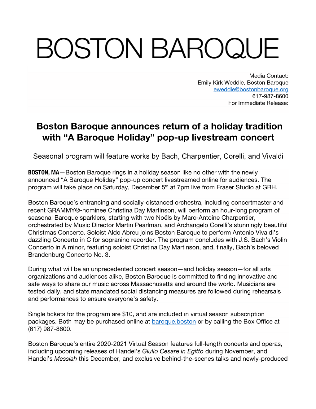Boston Baroque Announces Return of a Holiday Tradition with “A Baroque Holiday” Pop-Up Livestream Concert