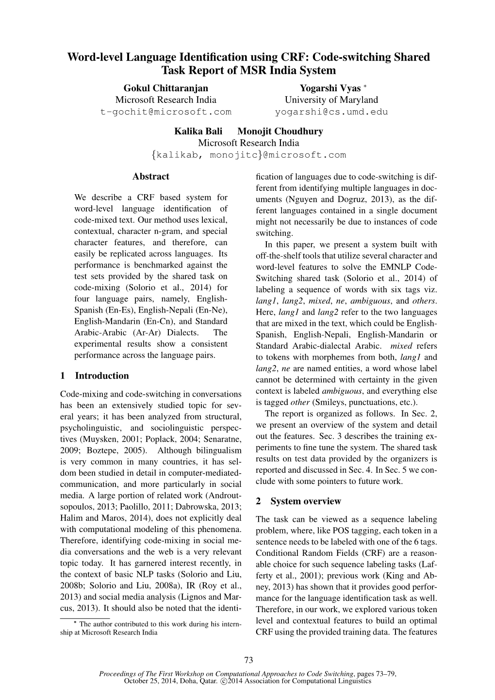 Word-Level Language Identification Using CRF: Code-Switching Shared Task Report of MSR India System