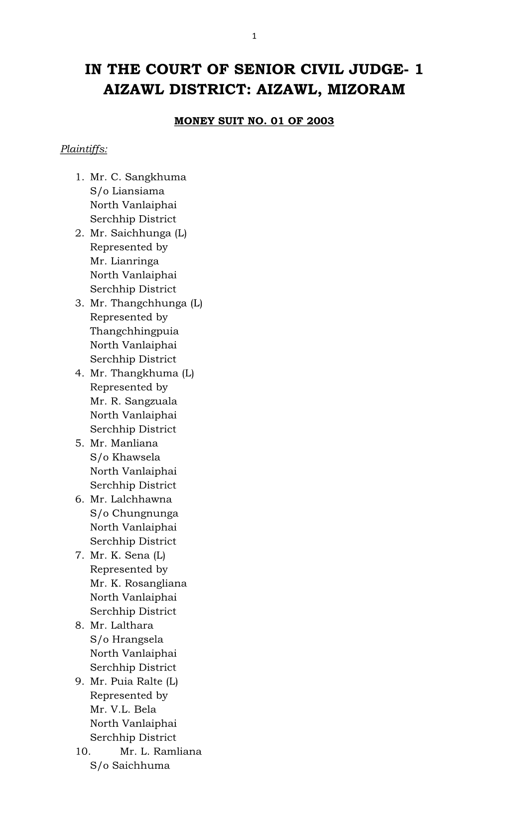 In the Court of Senior Civil Judge- 1 Aizawl District: Aizawl, Mizoram