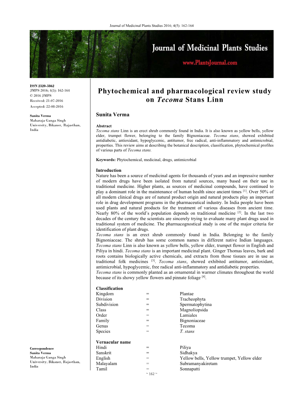 Phytochemical and Pharmacological Review Study on Tecoma Stans Linn