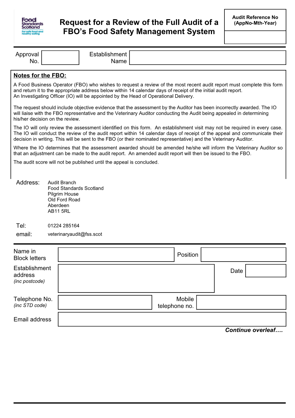 Request for a Review of the Full Audit of the Fbos Food Safety Management System