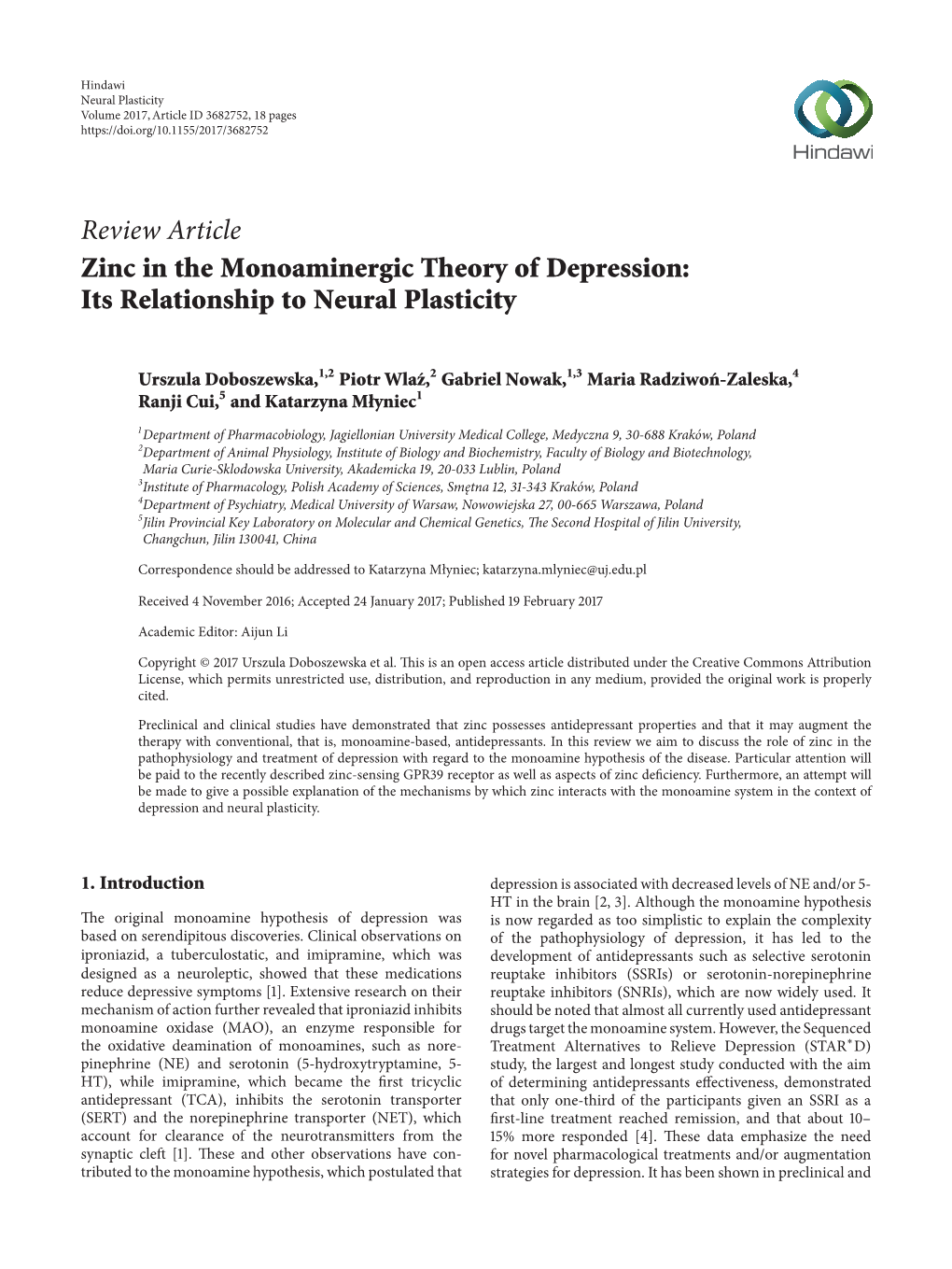 Review Article Zinc in the Monoaminergic Theory of Depression: Its Relationship to Neural Plasticity