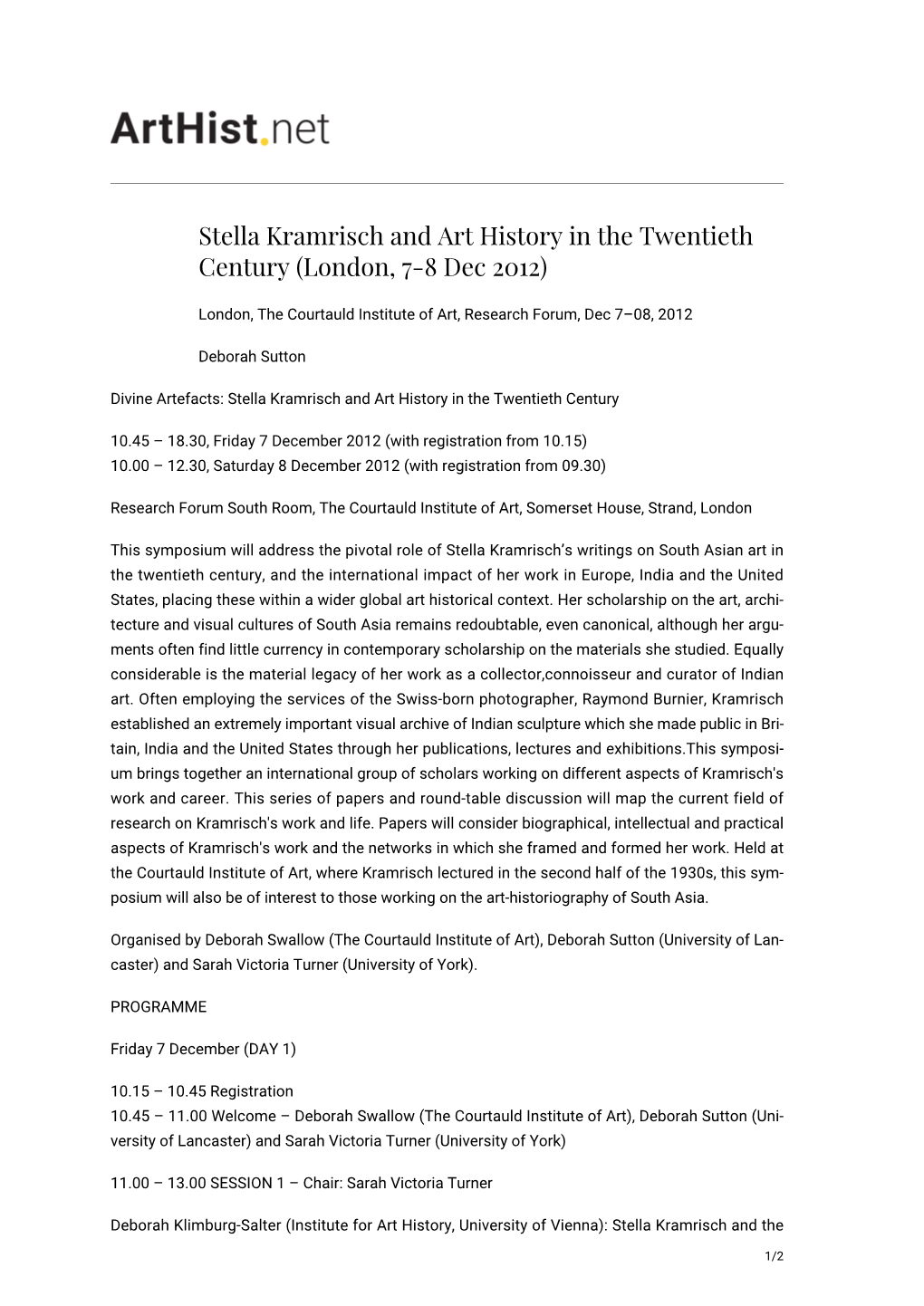 Stella Kramrisch and Art History in the Twentieth Century (London, 7-8 Dec 2012)