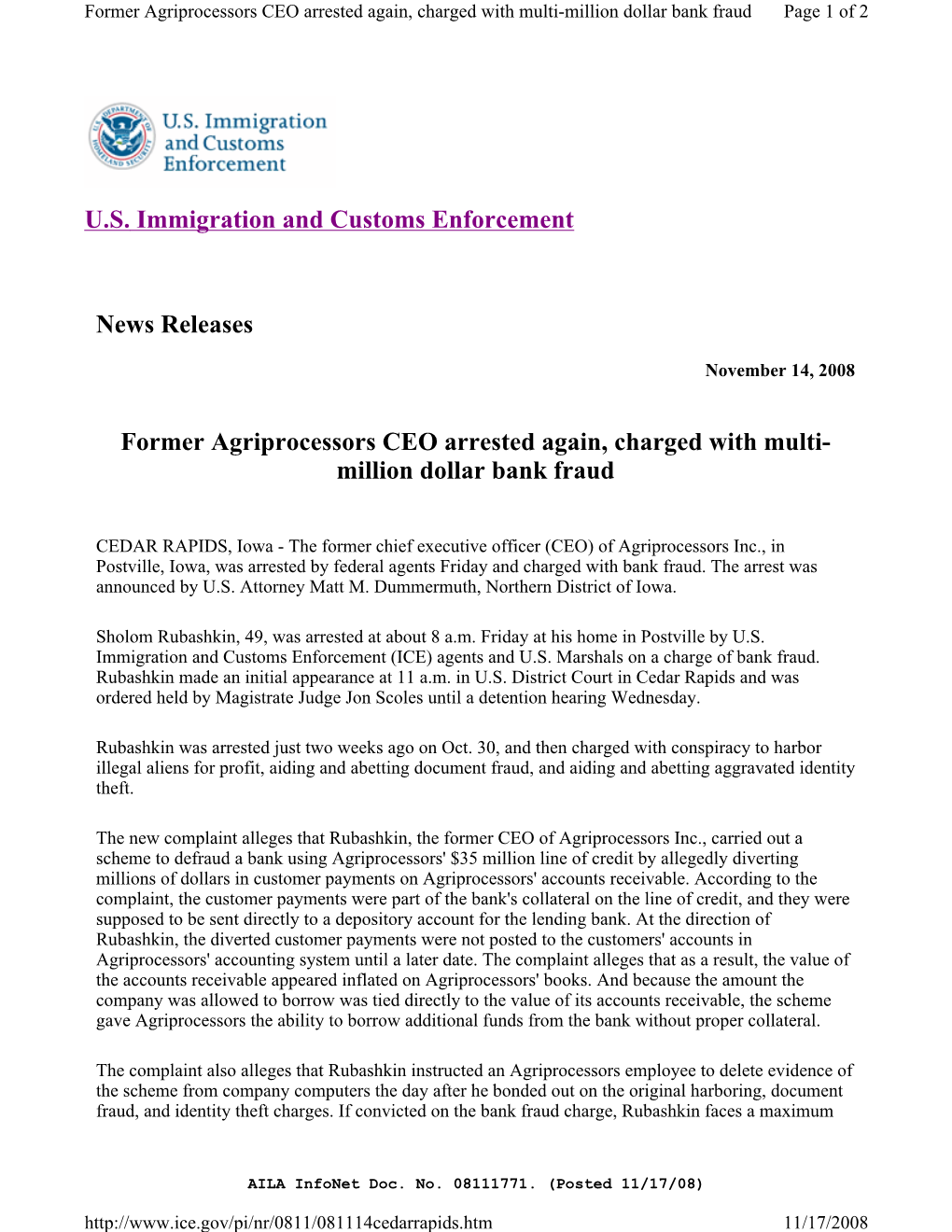 U.S. Immigration and Customs Enforcement News Releases