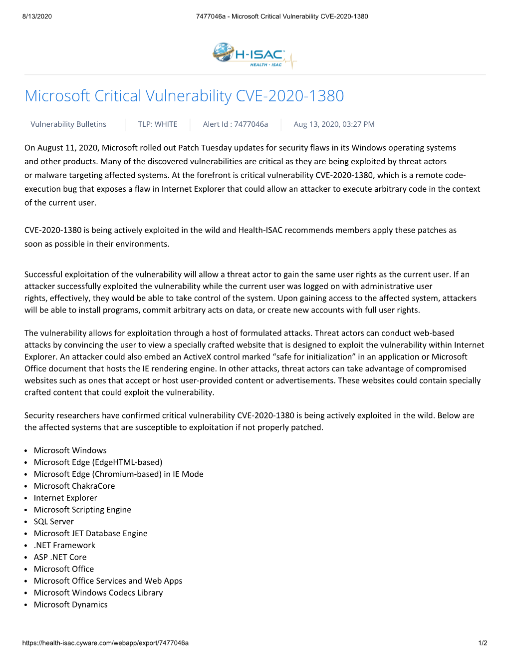 Microsoft Critical Vulnerability CVE-2020-1380