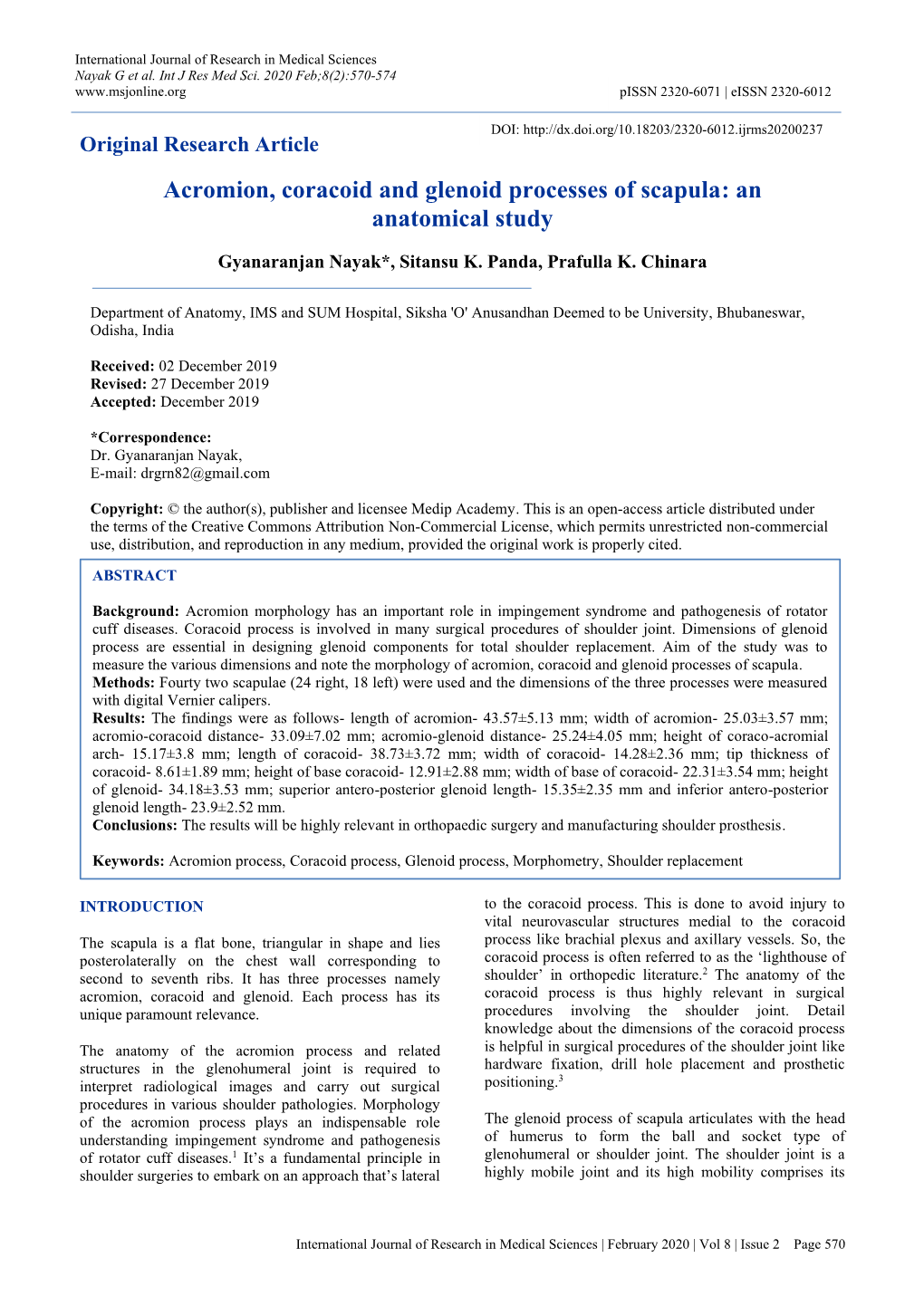 Acromion, Coracoid and Glenoid Processes of Scapula: an Anatomical Study