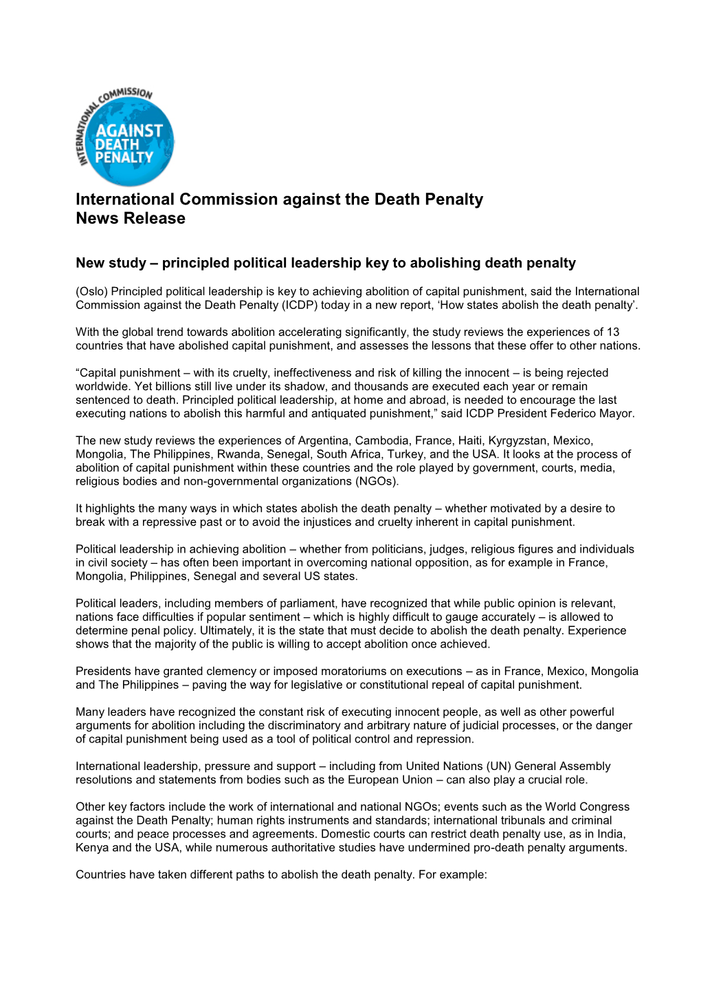International Commission Against the Death Penalty News Release