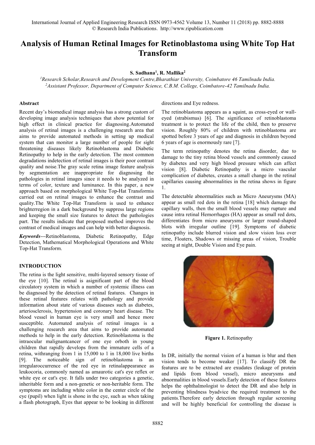 Analysis of Human Retinal Images for Retinoblastoma Using White Top Hat Transform