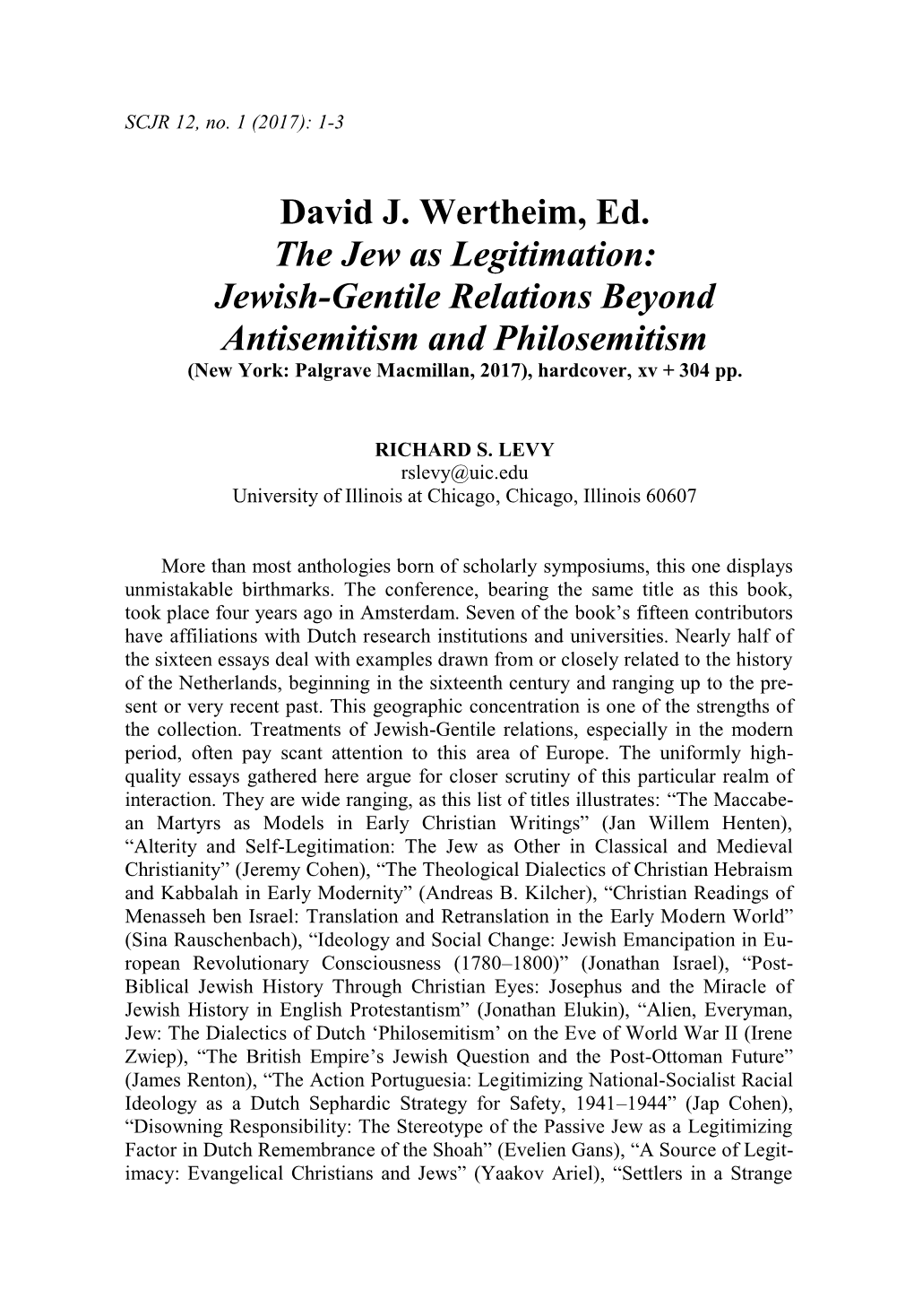 David J. Wertheim, Ed. the Jew As Legitimation: Jewish-Gentile