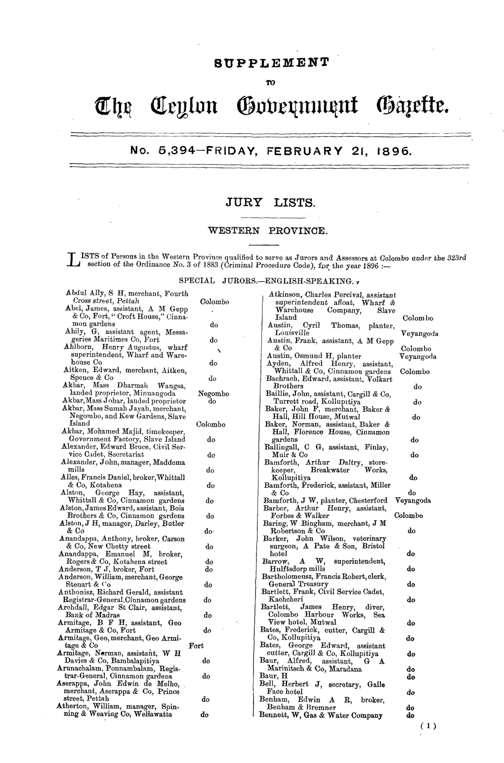 SUPPLEMENT No. 5,394-FRIDAY, FEBRUARY 21, 1896
