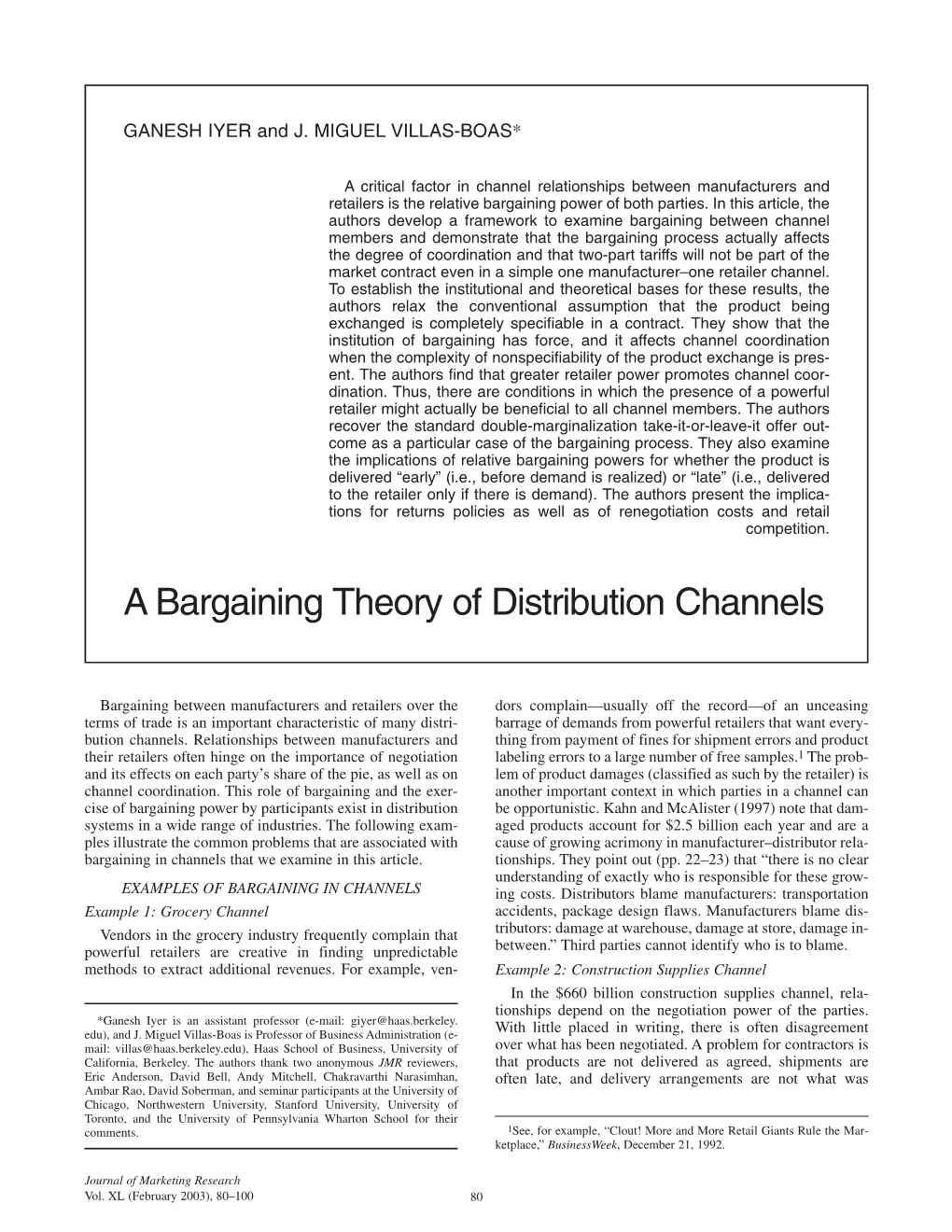 A Bargaining Theory of Distribution Channels