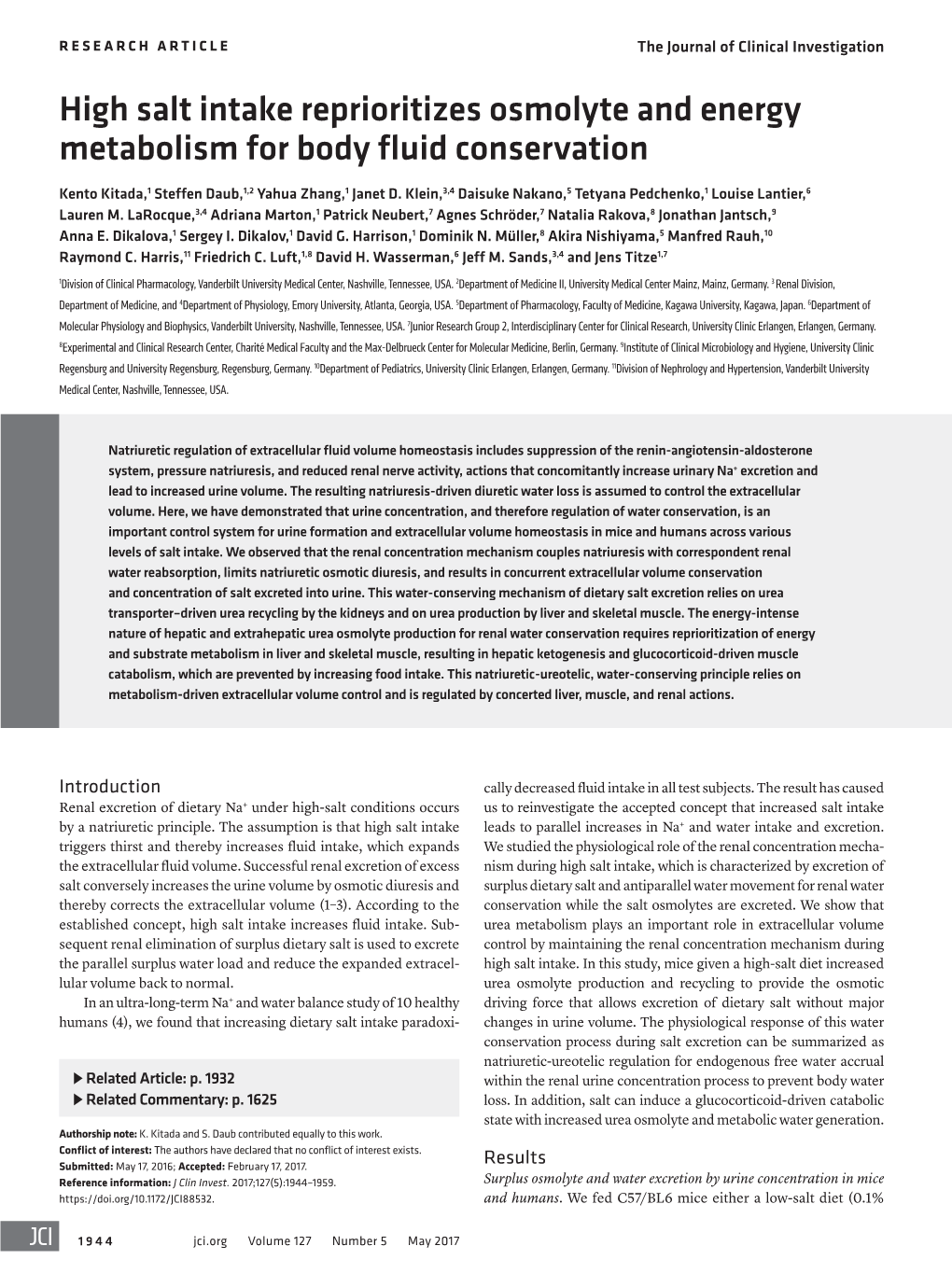 High Salt Intake Reprioritizes Osmolyte and Energy Metabolism for Body Fluid Conservation