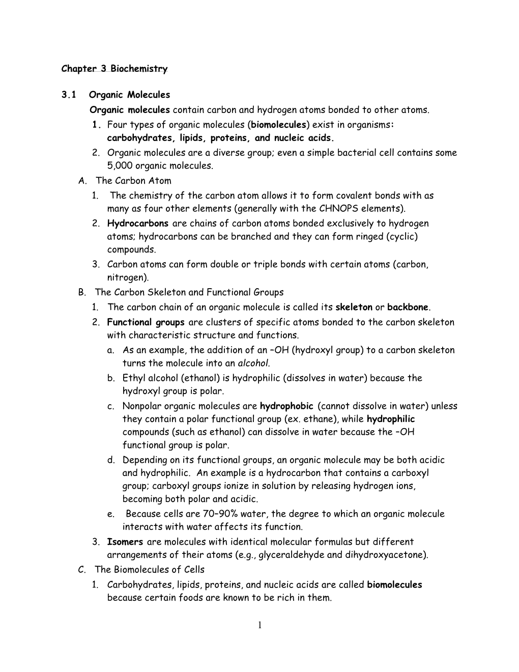 Chapter 3 Biochemistry 3.1 Organic Molecules