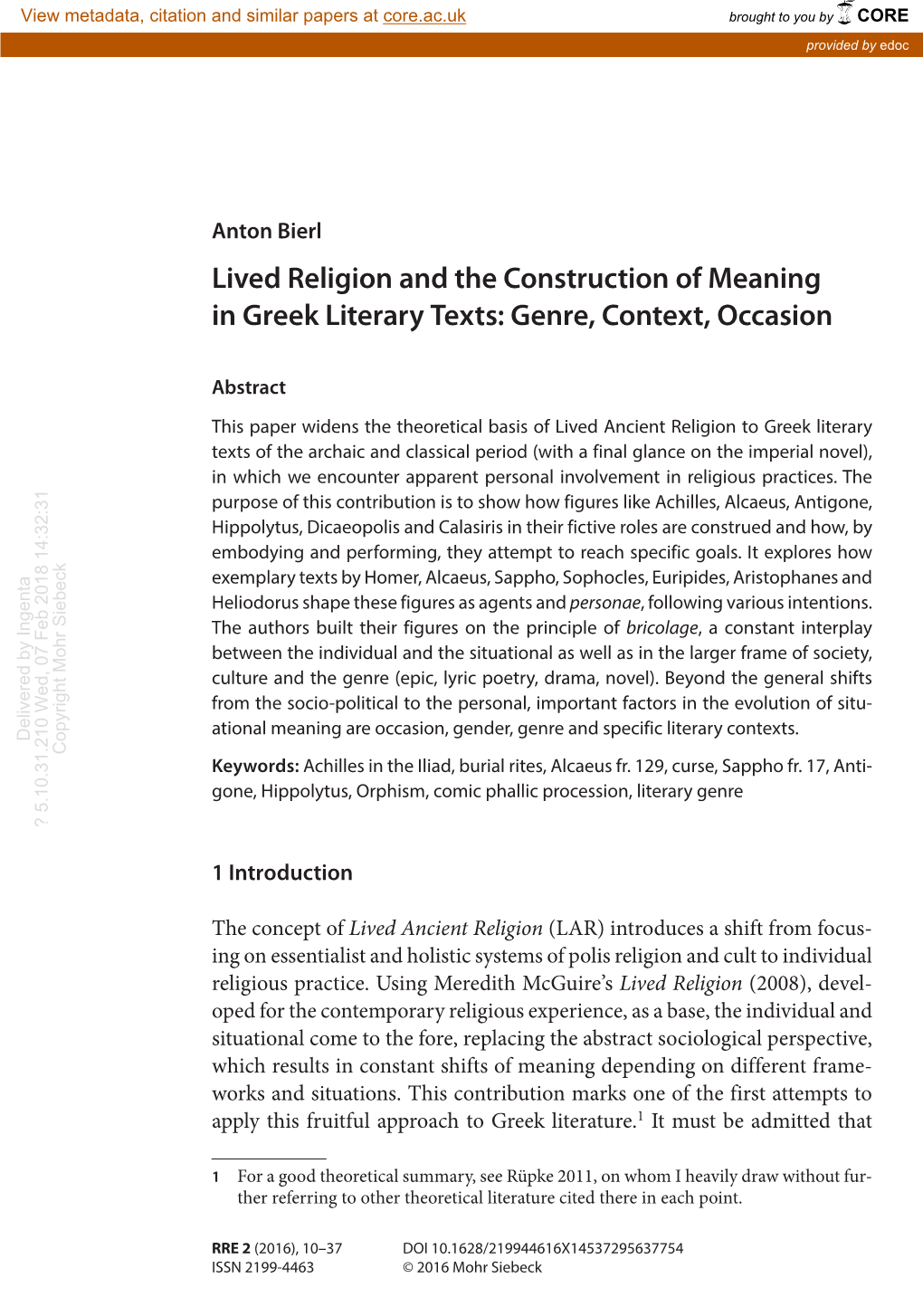 Lived Religion and the Construction of Meaning in Greek Literary