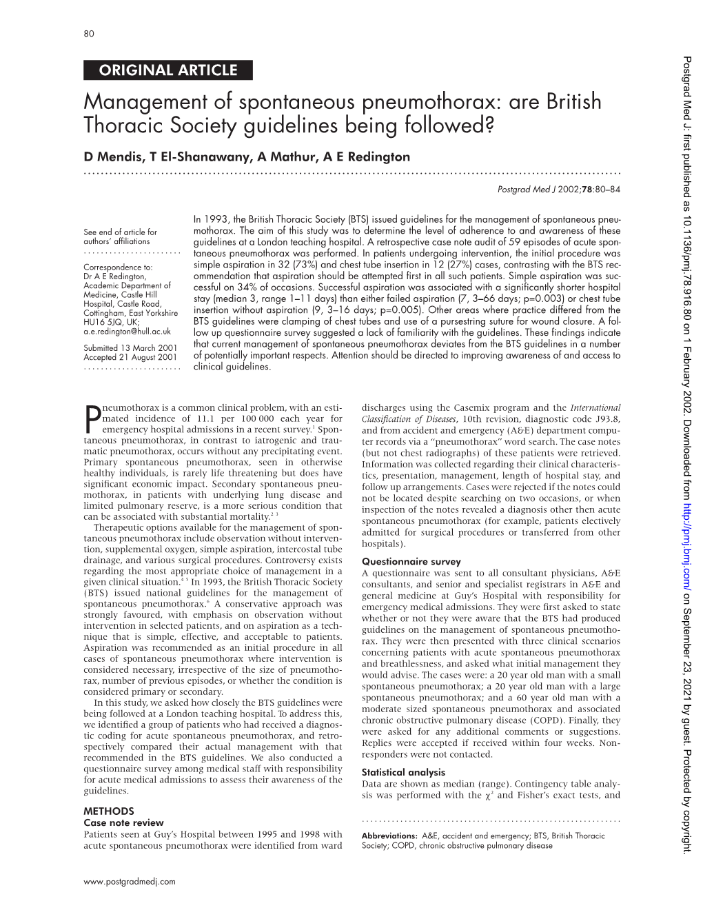 Are British Thoracic Society Guidelines Being Followed? D Mendis, T El-Shanawany, a Mathur, a E Redington