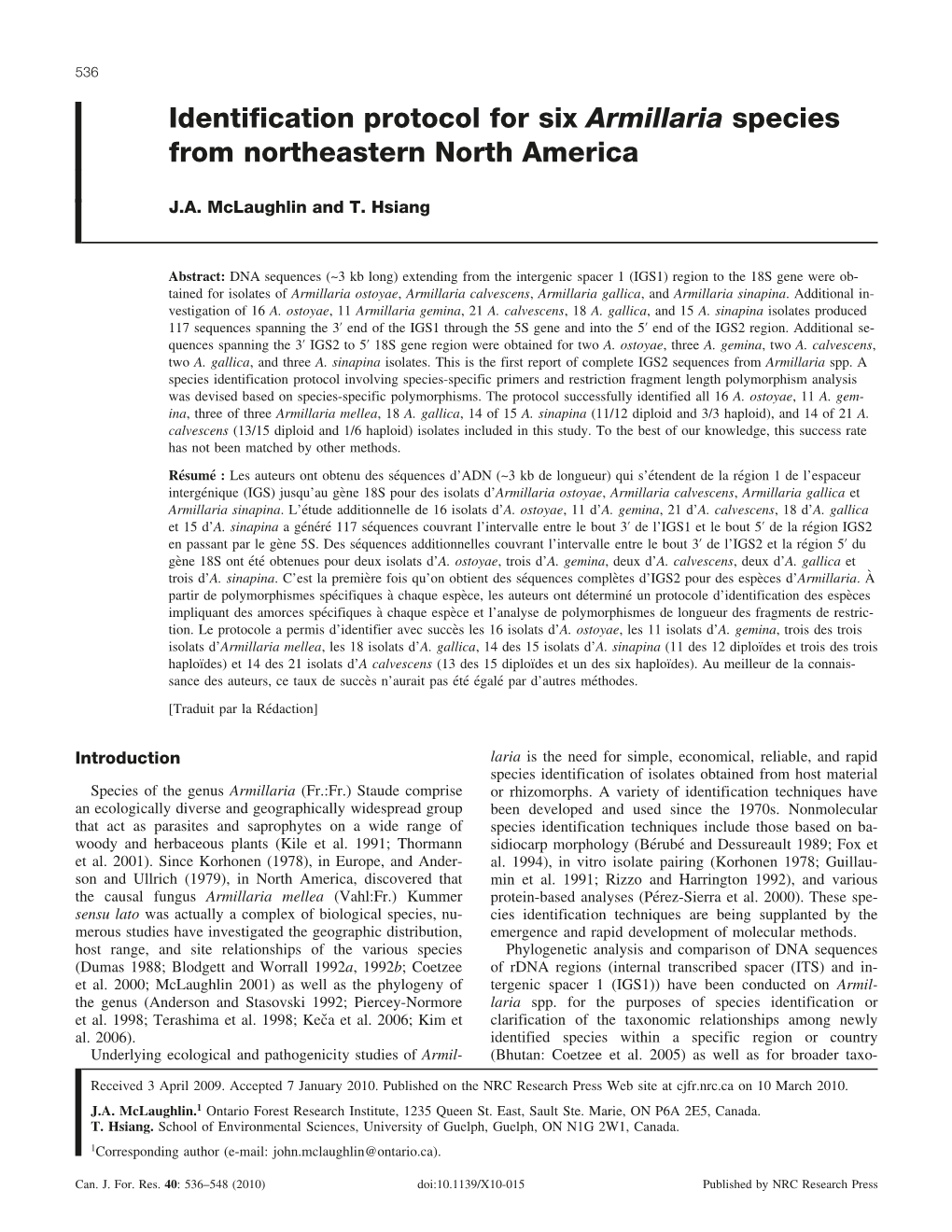 Identification Protocol for Six Armillaria Species from Northeastern North America