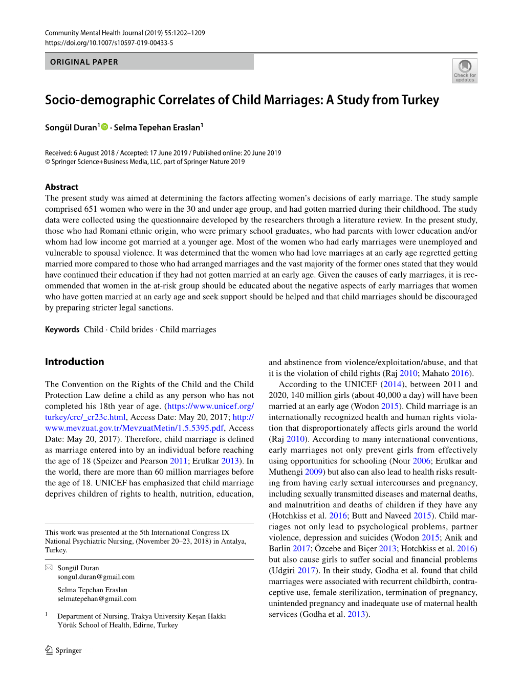 Socio-Demographic Correlates of Child Marriages: a Study from Turkey
