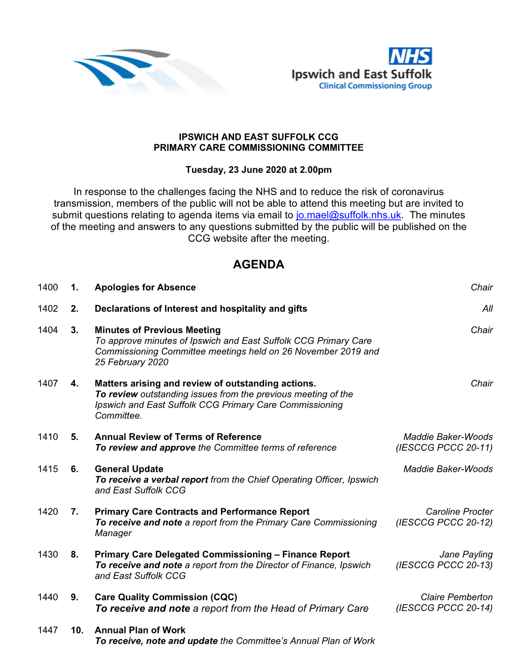 Agenda Items Via Email to Jo.Mael@Suffolk.Nhs.Uk