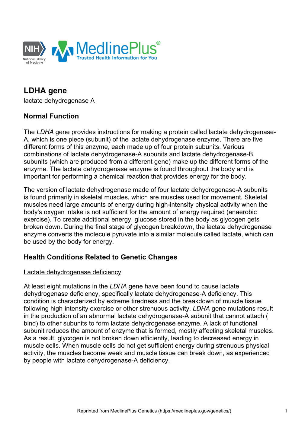 LDHA Gene Lactate Dehydrogenase A