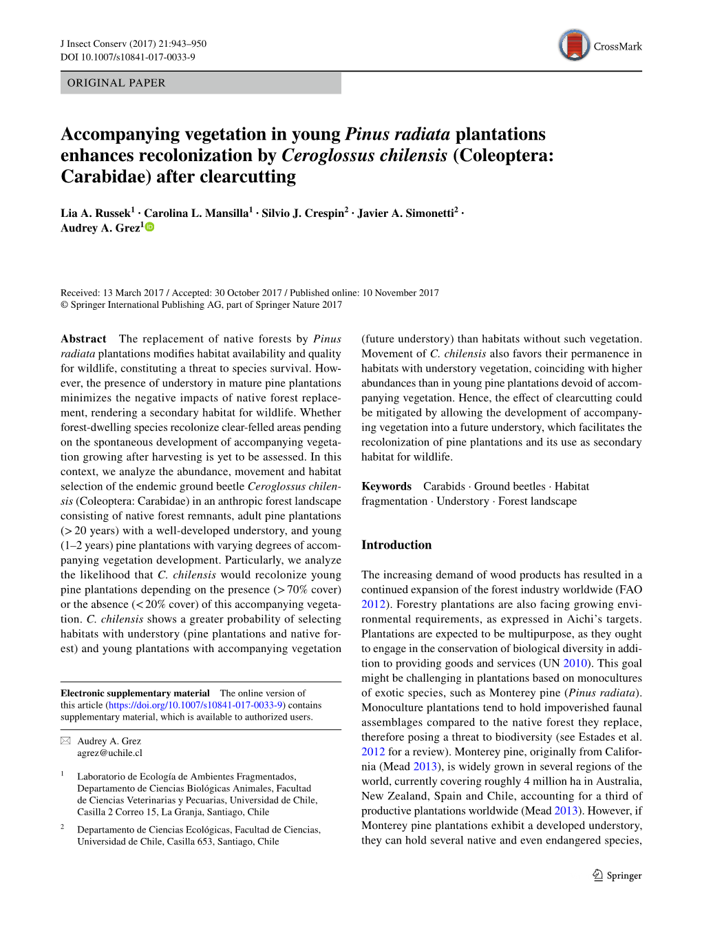 Accompanying Vegetation in Young Pinus Radiata Plantations Enhances Recolonization by Ceroglossus Chilensis (Coleoptera: Carabidae) After Clearcutting