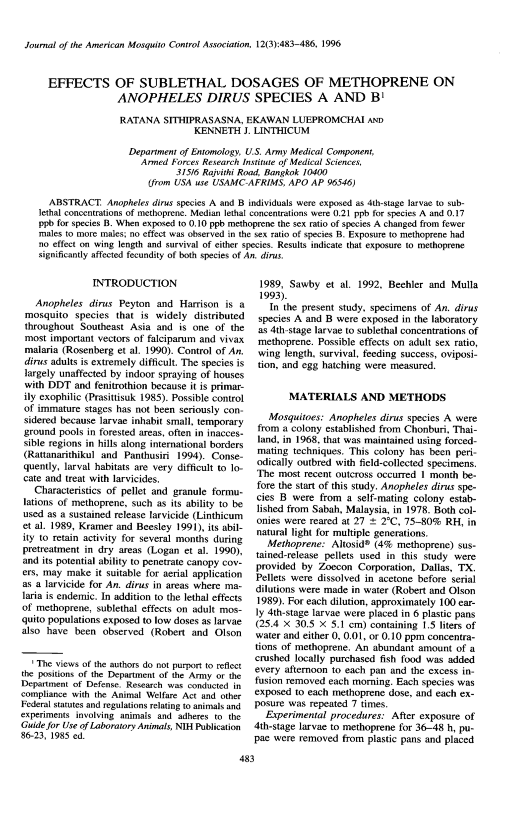 Effects of Sublethal Dosages of Methoprene on Anopheles Dirus Species a and 81