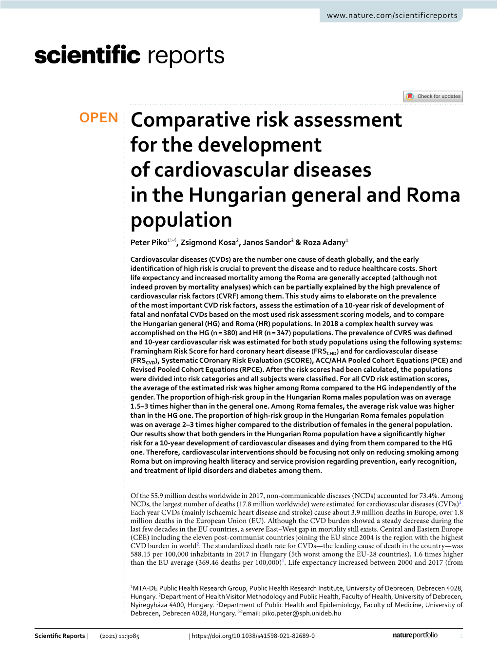 Comparative Risk Assessment for the Development of Cardiovascular