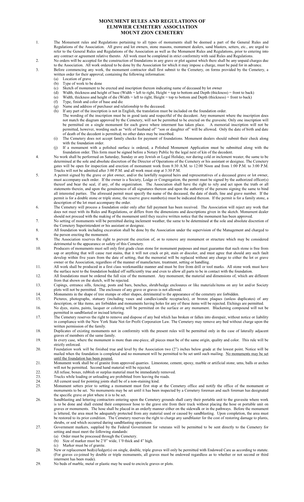 Monument Rules and Regulations of Elmwier Cemetery Association Mount Zion Cemetery