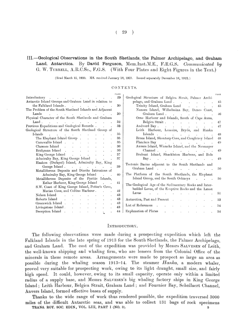 Geological Observations in the South Shetlands, the Palmer Archipelago, and Graham Land, Antarctica