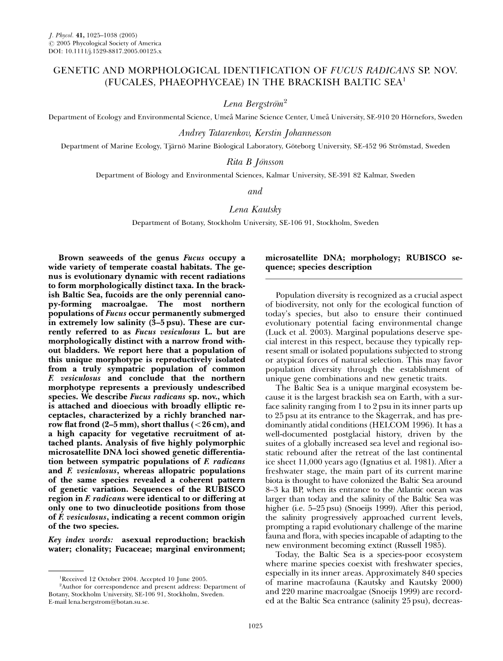 Genetic and Morphological Identification of Fucus Radicans Sp