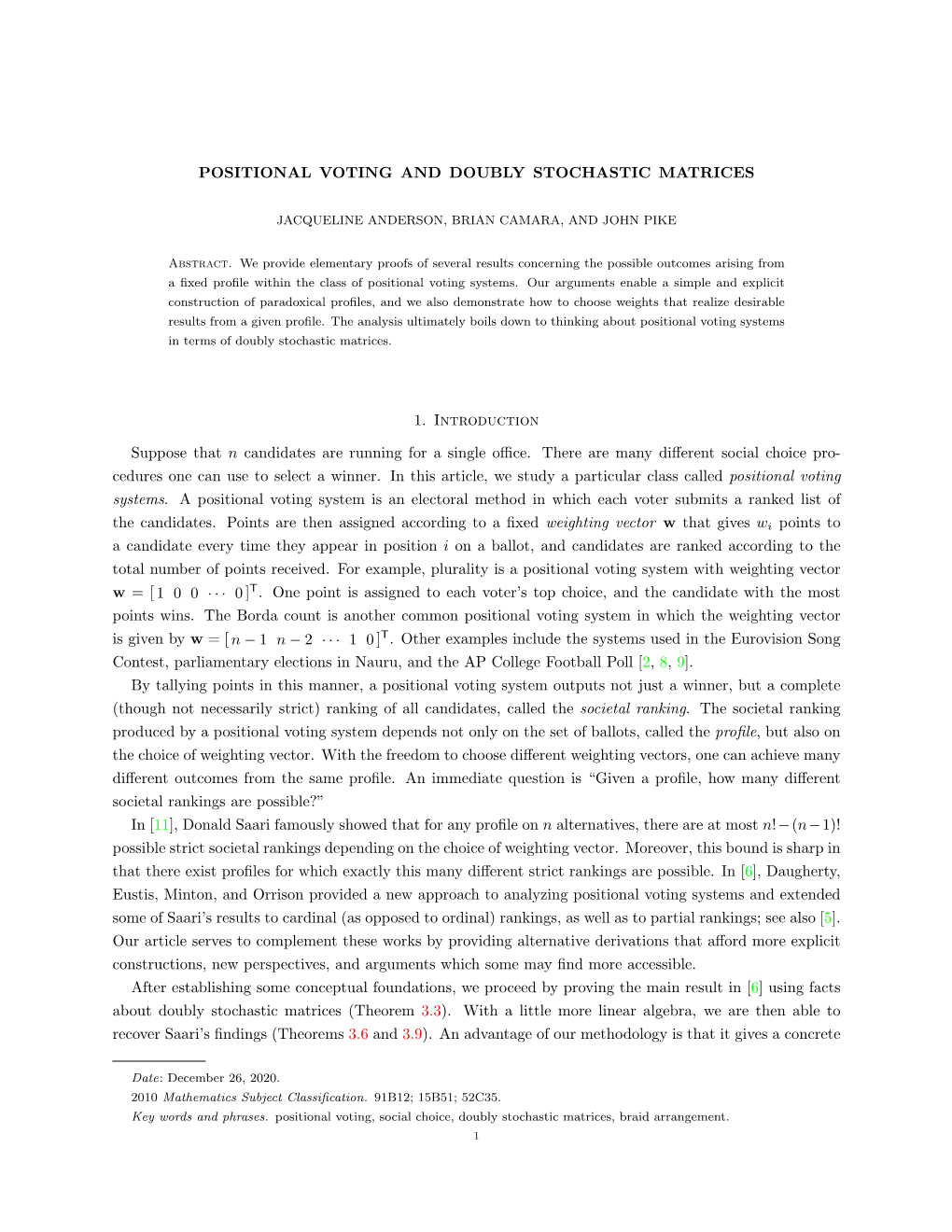 Positional Voting and Doubly Stochastic Matrices 10