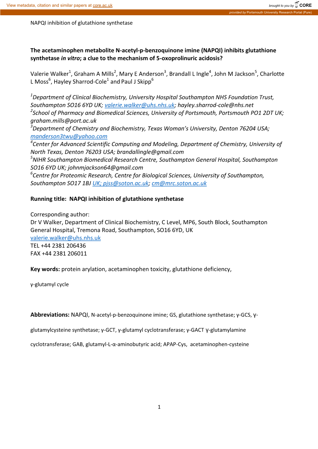 The Acetaminophen Metabolite N-Acetyl-P-Benzoquinone Imine (NAPQI) Inhibits Glutathione Synthetase in Vitro; a Clue to the Mechanism of 5-Oxoprolinuric Acidosis?