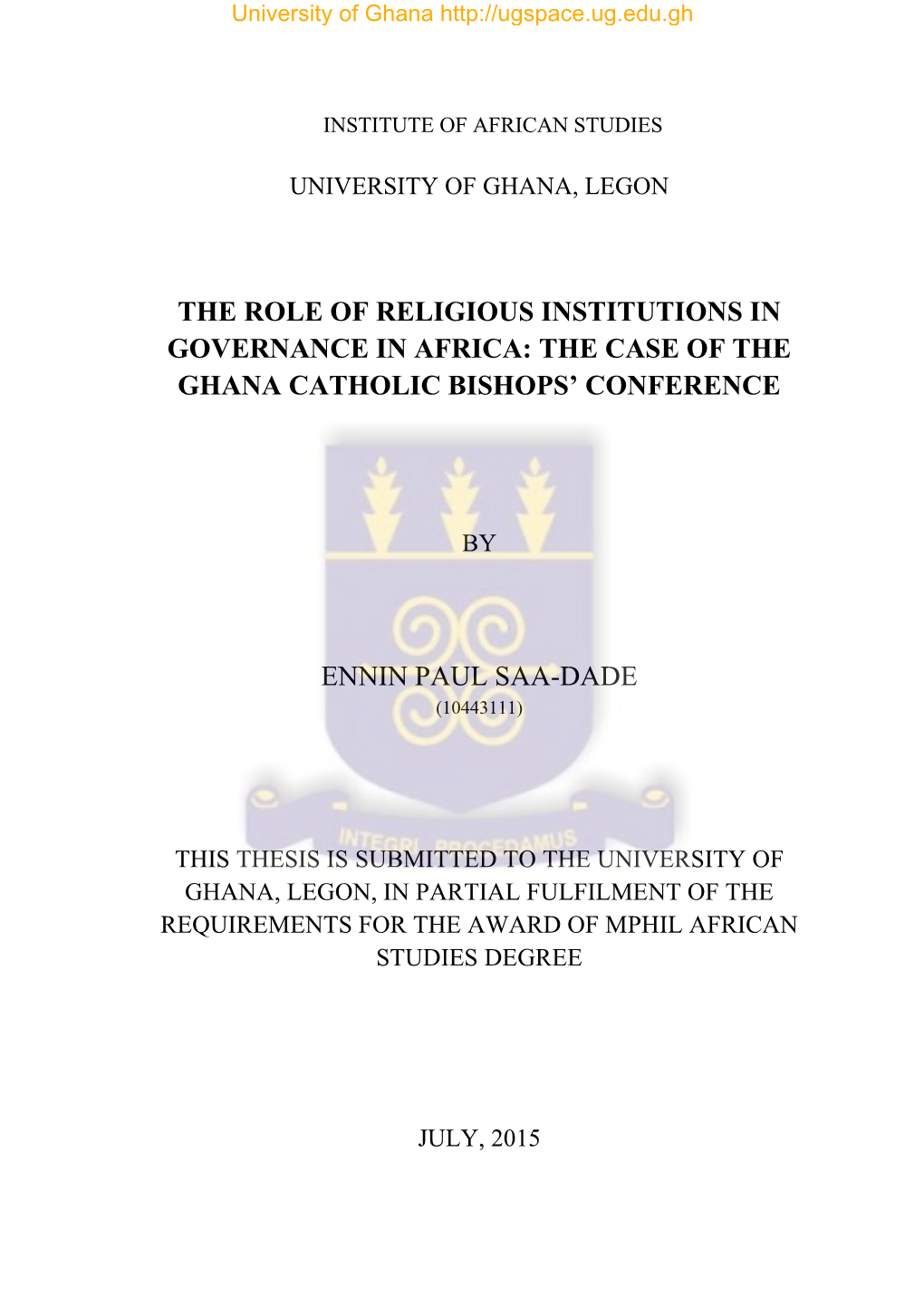 The Role of Religious Institutions in Governance in Africa: the Case of the Ghana Catholic Bishops’ Conference