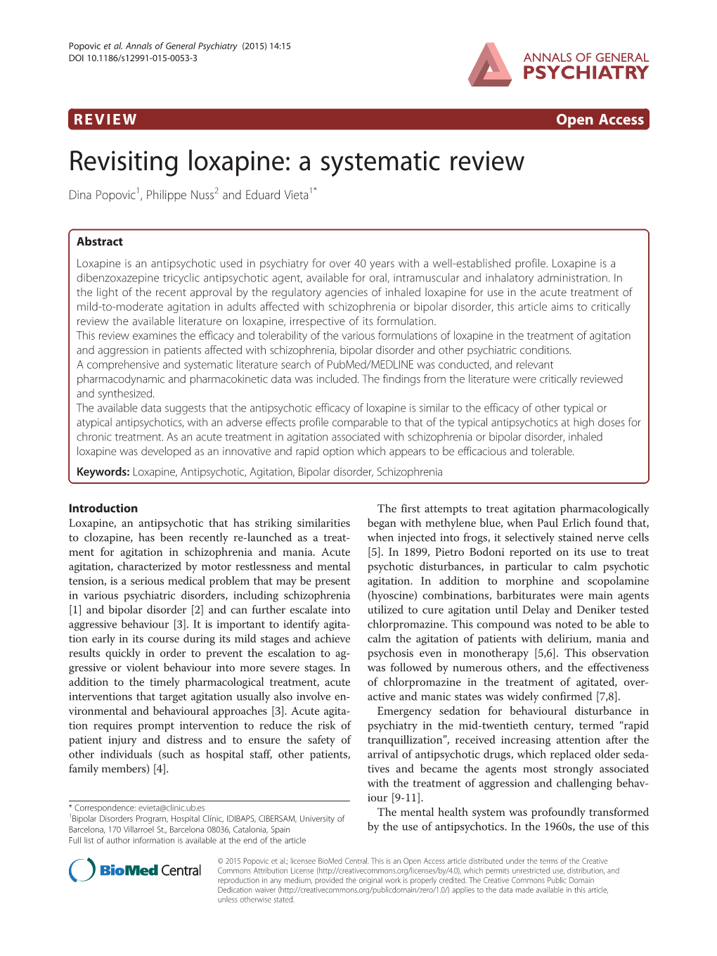 Revisiting Loxapine: a Systematic Review Dina Popovic1, Philippe Nuss2 and Eduard Vieta1*