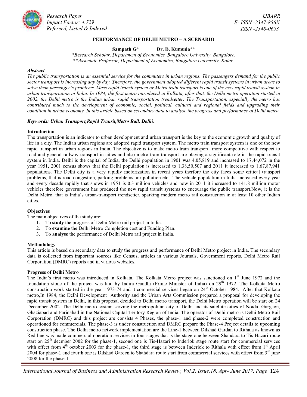 Research Paper Impact Factor: 4.729 Refereed, Listed & Indexed IJBARR