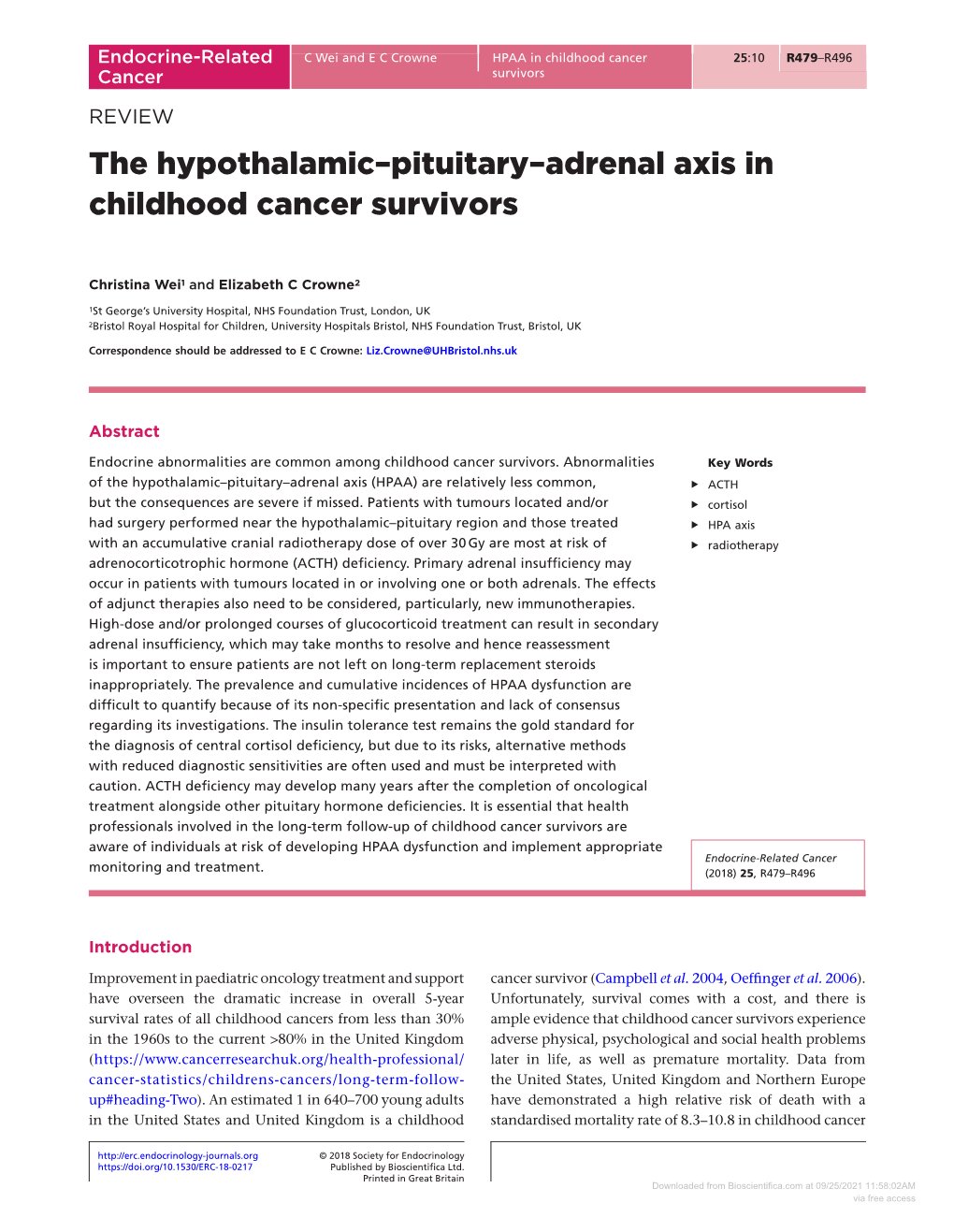 The Hypothalamic–Pituitary–Adrenal Axis in Childhood Cancer Survivors