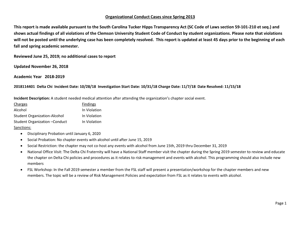 Organizational Conduct Cases Since Spring 2013 This Report Is Made