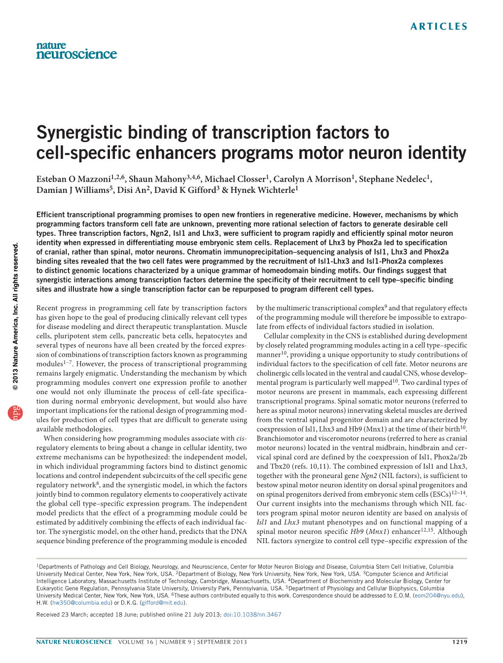 Synergistic Binding of Transcription Factors to Cell-Specific Enhancers Programs Motor Neuron Identity