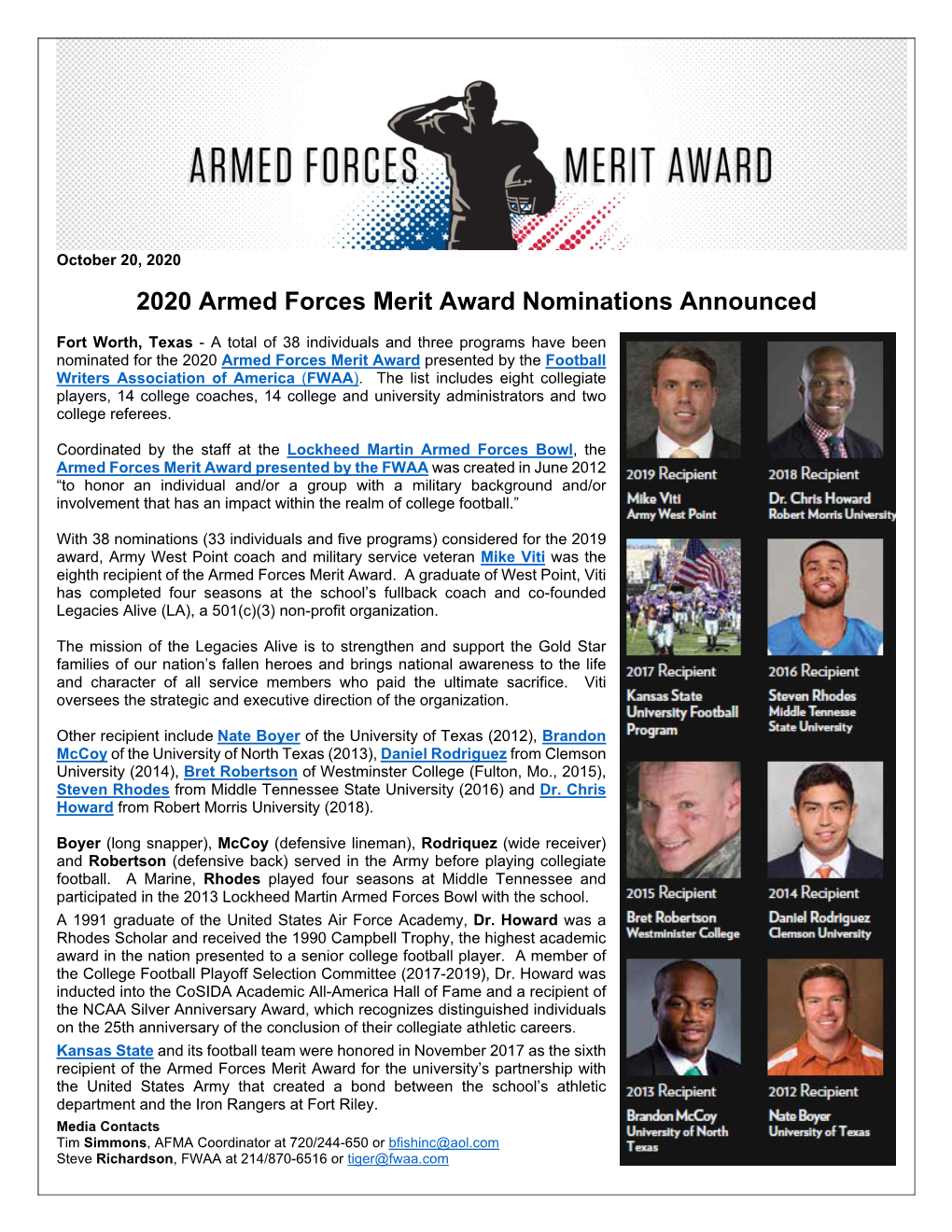 2020 Armed Forces Merit Award Nominations Announced