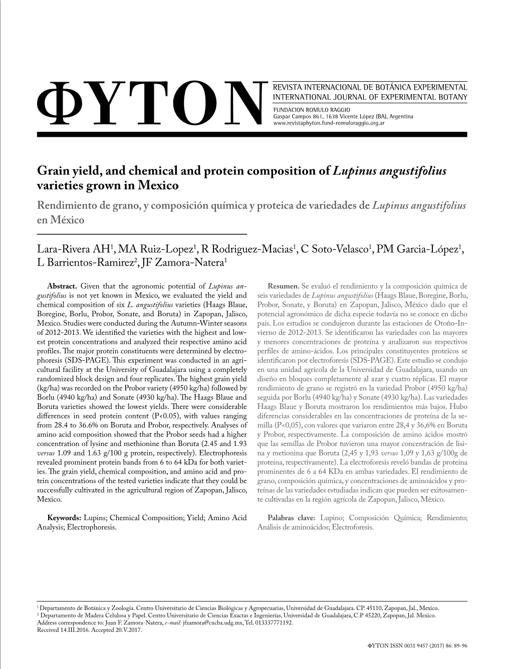 Grain Yield, and Chemical and Protein Composition of Lupinus