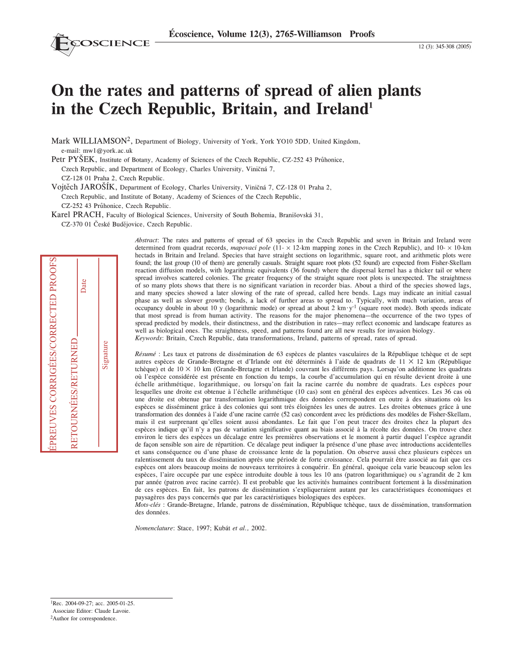 On the Rates and Patterns of Spread of Alien Plants in the Czech Republic, Britain, and Ireland1