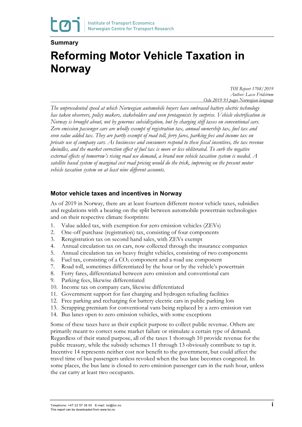 Reforming Motor Vehicle Taxation in Norway