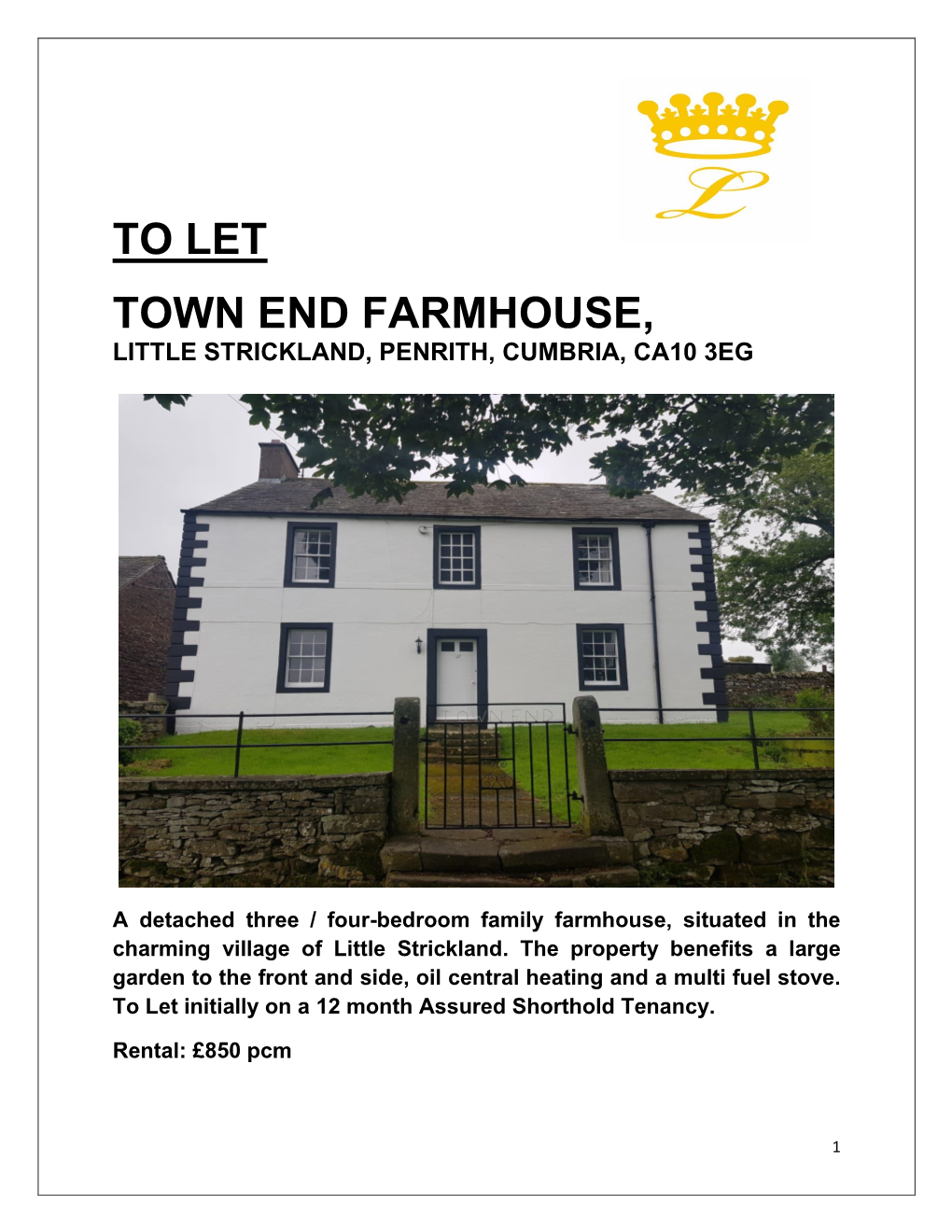 To Let Town End Farmhouse